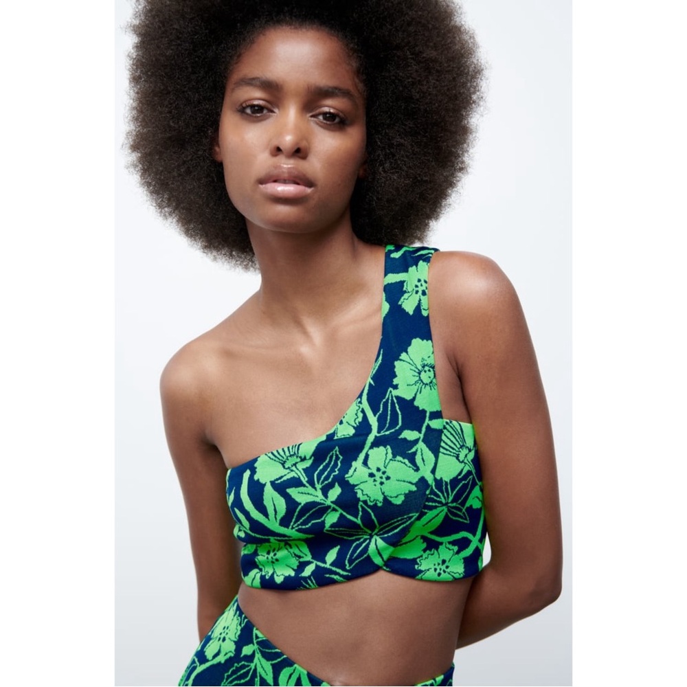Zara Jacquard Top One Shoulder Crop Tank Navy Blue Green 5039/687 Floral Small
